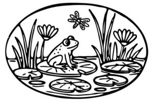 frog on lily pad in pond line art illustration with dragonfly and water plants in nature vector