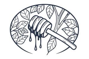 dripping honey dipper in nature themed design with leaves and tree branches vector