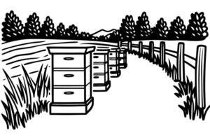 row of beehives in a rural landscape nature, agriculture, trees, and fencing along the countryside vector