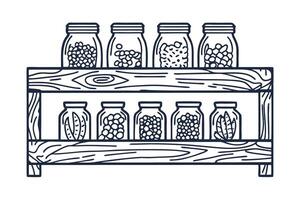 Jars of preserved goods on wooden shelf mason jars filled with dried beans, grains, seeds vector