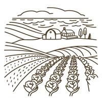 Line art farm landscape with barn and crops in rural setting under cloudy sky vector