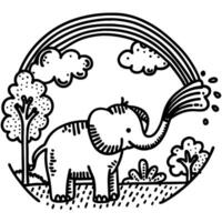 hand drawn elephant with rainbow and clouds whimsical nature, cute illustration vector