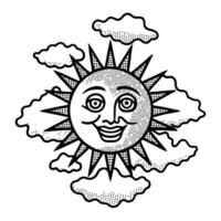 smiling sun and clouds illustration engraved vintage celestial design, black and white art, retro vector