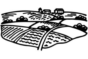 Illustrated rural landscape with fields, roads, and homes in minimalist black and white design vector