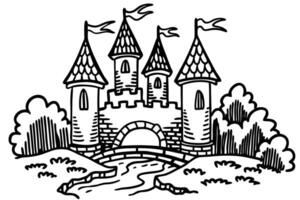 Whimsical castle illustration with towers and flags in a fairytale landscape setting vector