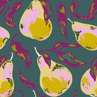 a pattern with pears and leaves on a dark blue background vector
