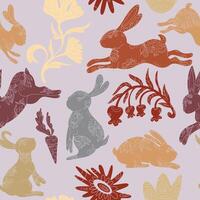 a pattern with rabbits and flowers on a purple background vector