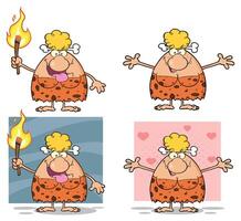 Funny Stone Age Woman With Torch Tongue Out And Open Arms vector