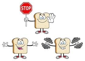 Cartoon Bread Slice Character Collection With Stop Sign And Dumbbells vector