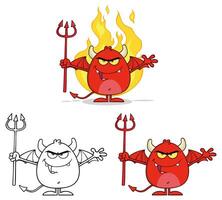Funny Devil Monster Character Collection With Tridents And Flames vector