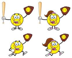Cartoon Softball Character Collection With Bat Glove And Running Pose vector