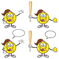 Cartoon Softball Girl Character In Different Poses With Speech Bubbles vector