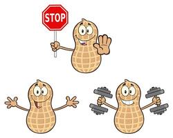 Funny Peanut Character Collection Holding Stop Sign And Dumbbells vector