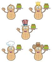Funny Peanut Character Collection Holding Peanut Butter Jars And Wearing Hats vector