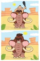Funny Caveman Riding Mammoth Collection With Desert Background vector