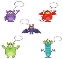 Cute Cartoon Monsters And Bat Set With Empty Speech Balloons vector