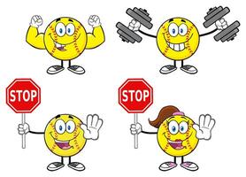 Cartoon Softball Character Collection With Muscles Dumbbells And Stop Signs vector