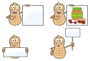 Funny Peanut Character Collection Holding Blank Signs And Peanut Butter Jar vector