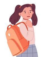 Schoolgirl in uniform with backpack. Cute child pupil standing with bag on back, ready to study, learn. vector