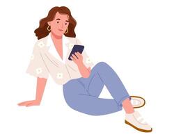 Girl in casual clothes sitting on the floor with a cellphone.Woman with mobile phone, using social media and chatting online. Person with smartphone, surfing internet and texting, relaxing with cell. vector