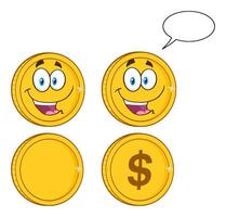 Funny Gold Coin Characters Collection With Smiling Faces And Speech Bubble vector