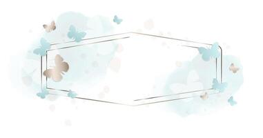 Elegant Gold Frame with Delicate Golden Butterflies and Soft Watercolor Splashes. Decorative Border Soft Blue Watercolor Background for Wedding Invitations, Greeting Cards and Design Projects. vector