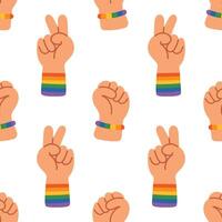 LGBT seamless pattern of hands gestures with rainbow bracelets. Fists and peace signs on white background. Unity, diversity and support for LGBTQ rights. LGBT gay pride print. vector