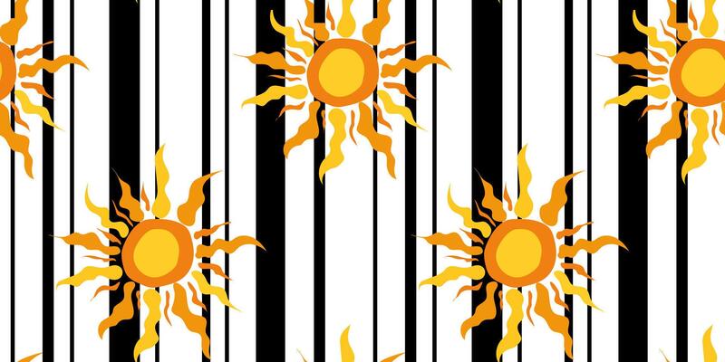 modern trendy seamless pattern of abstract art suns and black vertical lines, stylish repeating design with graphic stripes, contemporary bold texture fashion print