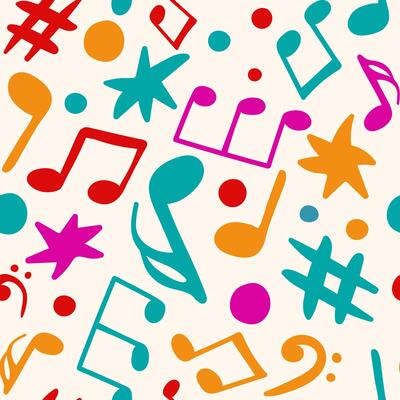 seamless pattern of colorful hand-drawn music notes and symbols on white background, vibrant melody design for creative art, children, and music education