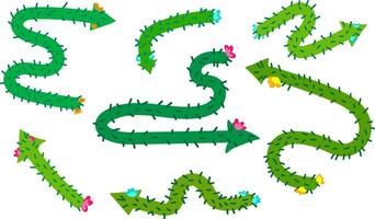 set colorful cactus arrows with flowers, playful desert plant pointers for infographics design, whimsical and vibrant direction indicators, isolated white background vector
