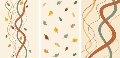 Printset of three minimalist autumn backgrounds with wavy lines and falling leaves, simple modern fall design collection in pastel colors, abstract seasonal banners vector