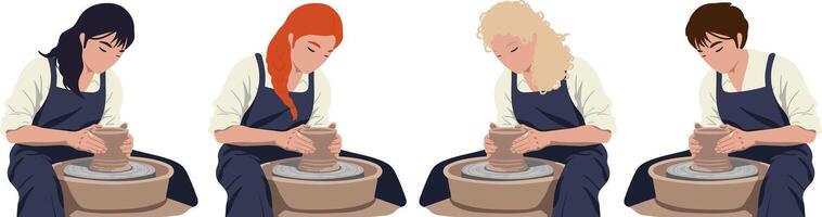 people making pottery on wheel isolated set, diverse men and women ceramic artists creating clay vases in apron, handcrafting process for workshop design vector