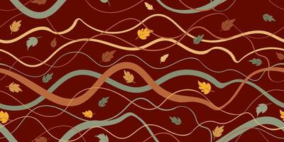 seamless pattern autumn wavy lines and falling leaves dark terracotta background, abstract fall design with flowing lines foliage, modern seasonal repeat, organic and dynamic texture vector