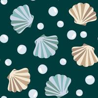 seamless pattern of seashells and pearls on dark teal background, repeating underwater ocean design, elegant and nautical texture for textile and print vector