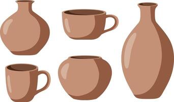 handmade clay pottery isolated set, traditional ceramic cups and vases collection in brown earthy tones, realistic earthenware design for crafts projects vector