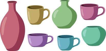 set colorful pastel ceramic clay pottery objects for crafting illustration vases mugs cups pottery workshop, handmade artistic collection isolated on white vector