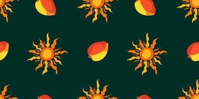 seamless pattern of abstract suns and mangoes on dark teal background, modern repeating design with stylized sun and tropical fruit, vibrant and playful summer texture vector