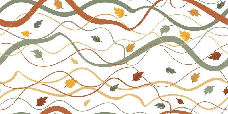 seamless pattern autumn wavy lines and falling leaves white background, abstract fall design with flowing lines and foliage, modern seasonal repeat