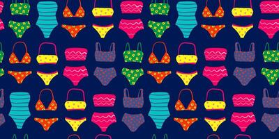vibrant seamless pattern of colorful swimwear on dark blue background, repeating summer beachwear design, modern and playful swimsuit texture for fashion and textile vector