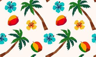 seamless tropical pattern with palm trees, mango fruits and hibiscus flowers on white background, exotic summer design for vacation, beachwear, textile, wrapping vector