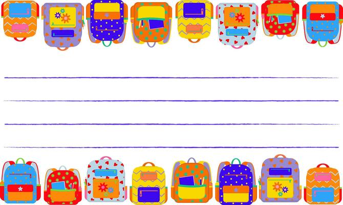 colorful frame school backpacks on top bottom borders, modern bright cartoon rucksacks students, back to school education concept, isolated white background lines cards