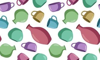 colorful seamless pattern of ceramic pottery elements, bright clay cups and vases on white background, handmade artistic kitchenware design for fabric or decor vector