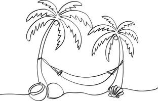 minimalist summer one-line illustration palm trees with hammock, coconuts seashell simple continuous line drawing of tropical beach scene vacation and relaxation concept vector