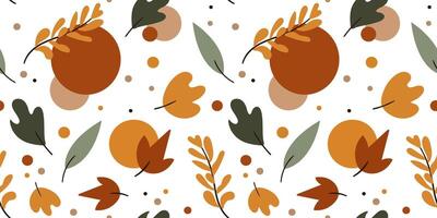 modern seamless autumn minimalist pattern with leaves circles branches and polka dots stylish fall foliage background for textile wrapping paper and creative designs simple elegant repeat vector