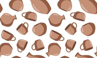 seamless pattern of terracotta pottery on white background, repeating design with jugs and mugs, rustic ceramic texture pottery workshop backgrounds textile vector