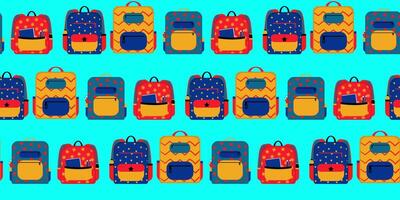 seamless pattern of colorful school backpacks on bright blue background, modern painted backpacks back to school, September 1, education, web design, textile, print vector