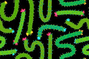 seamless pattern with colorful mexican cacti and flowers on black background, cartoon desert cactus texture for cinco de mayo party, textile, wrapping, kids design vector