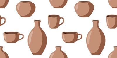 seamless pattern pastel terracotta pottery repeating design vases cups mugs, eco-style handmade ceramic texture print and textile white background vector