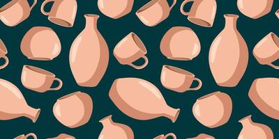 seamless pattern of pastel terracotta pottery on dark teal background, repeating design with vases and mugs, rustic handmade ceramic texture for print and textile vector