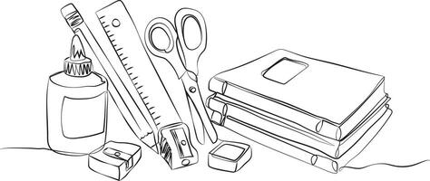 minimalist one-line illustration school supplies books ruler scissors glue erasers sharpener, simple continuous line drawing for back to school concept, isolated design vector
